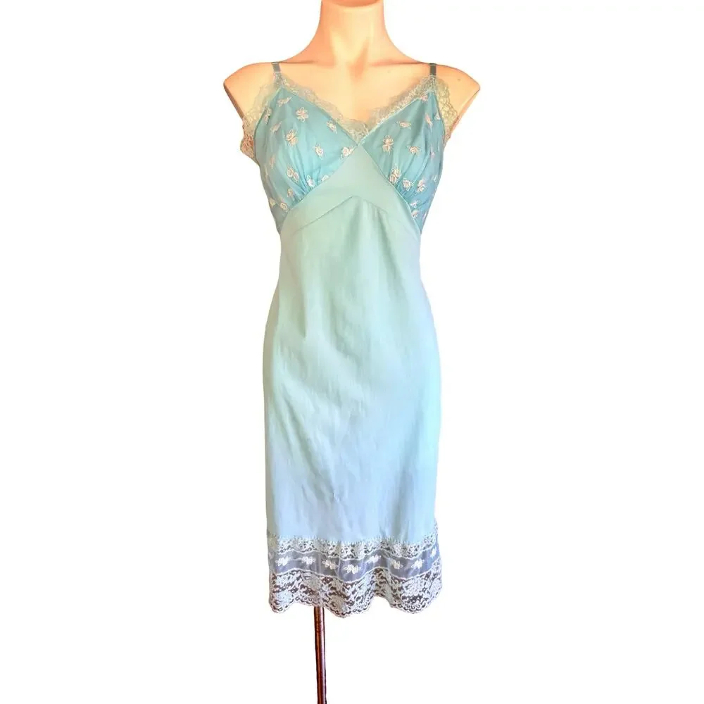 Vintage 1960s Rogers Baby Blue Nylon Tricot Full Slip Embroidered Lace Bodice 40